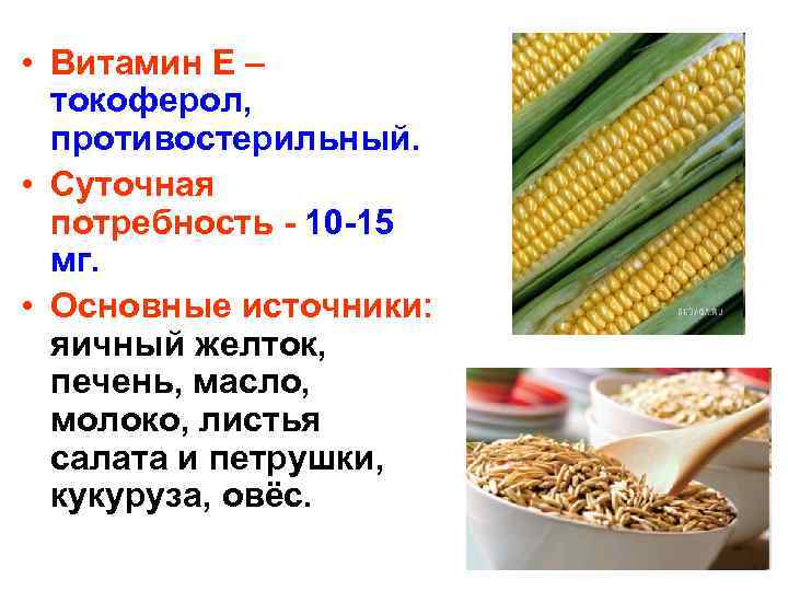  • Витамин Е – токоферол, противостерильный. • Суточная потребность - 10 -15 мг.