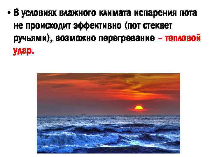  • В условиях влажного климата испарения пота не происходит эффективно (пот стекает ручьями),