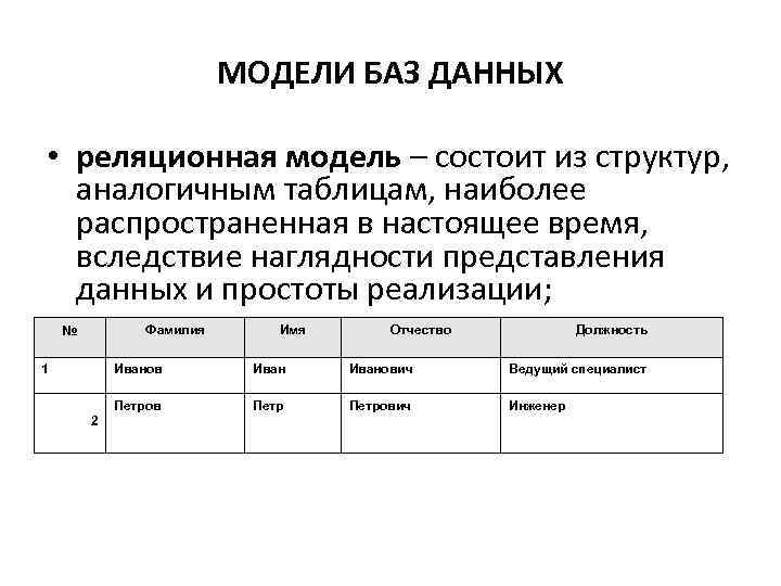 МОДЕЛИ БАЗ ДАННЫХ • реляционная модель – состоит из структур, аналогичным таблицам, наиболее распространенная