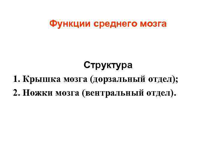 Функции среднего мозга Структура 1. Крышка мозга (дорзальный отдел); 2. Ножки мозга (вентральный отдел).