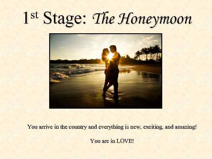 st 1 Stage: The Honeymoon You arrive in the country and everything is new,