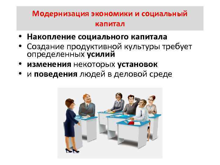 Модернизация экономики и социальный капитал • Накопление социального капитала • Создание продуктивной культуры требует