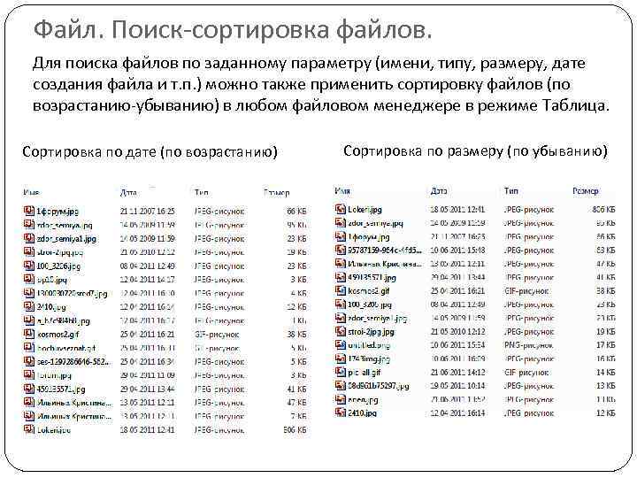 Файл. Поиск-сортировка файлов. Для поиска файлов по заданному параметру (имени, типу, размеру, дате создания