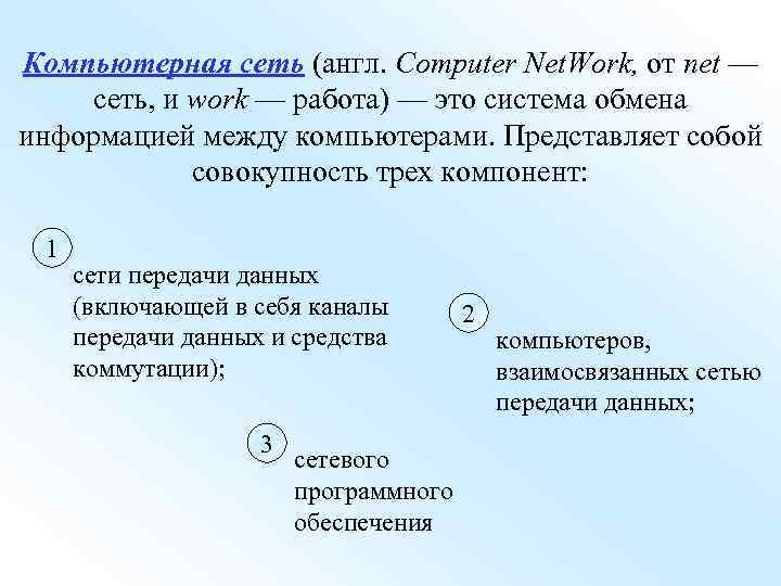 Компьютерная сеть (англ. Computer Net. Work, от net — сеть, и work — работа)