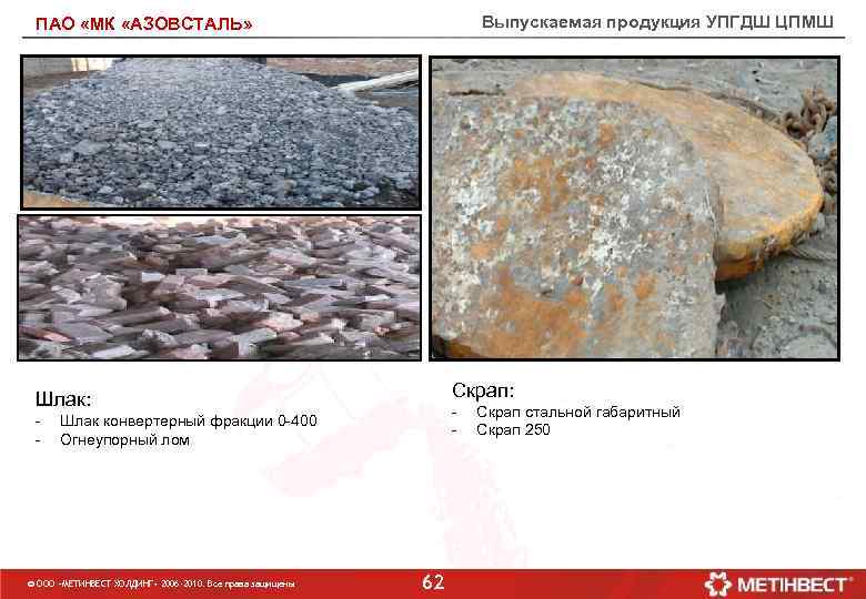 Выпускаемая продукция УПГДШ ЦПМШ ПАО «МК «АЗОВСТАЛЬ» Заменить на фото донышек Скрап: Шлак: -