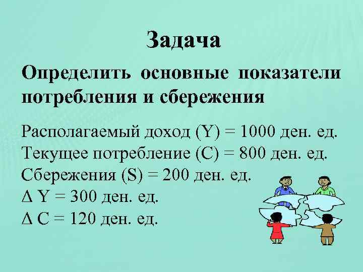 Задача Определить основные показатели потребления и сбережения Располагаемый доход (Y) = 1000 ден. ед.