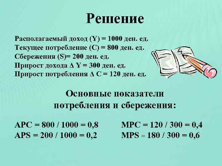 Решение Располагаемый доход (Y) = 1000 ден. ед. Текущее потребление (С) = 800 ден.