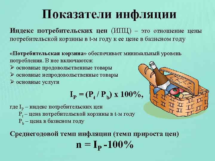 Показатели инфляции Индекс потребительских цен (ИПЦ) – это отношение цены потребительской корзины в t-м