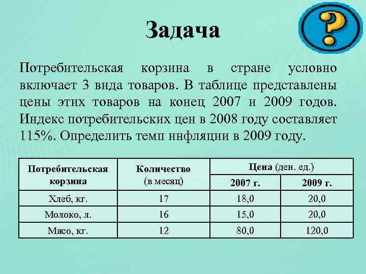 Задача Потребительская корзина в стране условно включает 3 вида товаров. В таблице представлены цены