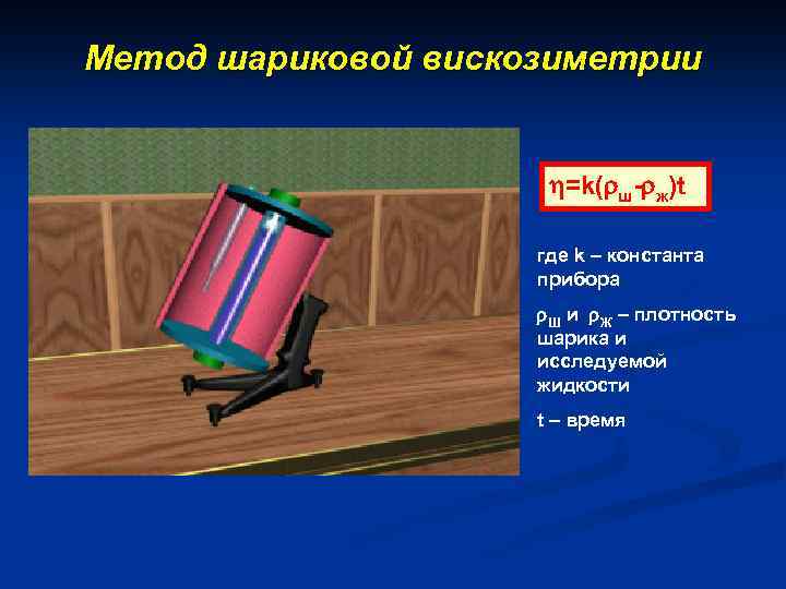 Метод шариковой вискозиметрии =k( ш- ж)t где k – константа прибора Ш и Ж