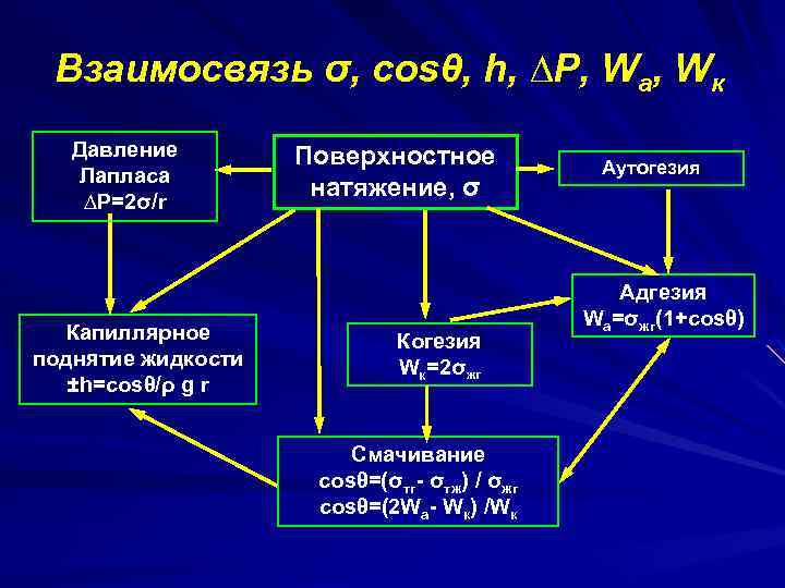 Взаимосвязь σ, cosθ, h, ∆P, Wа, Wк Давление Лапласа ∆P=2σ/r Капиллярное поднятие жидкости ±h=cosθ/ρ