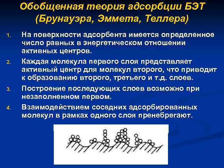 Обобщенная теория адсорбции БЭТ (Брунауэра, Эммета, Теллера) 1. 2. 3. 4. На поверхности адсорбента