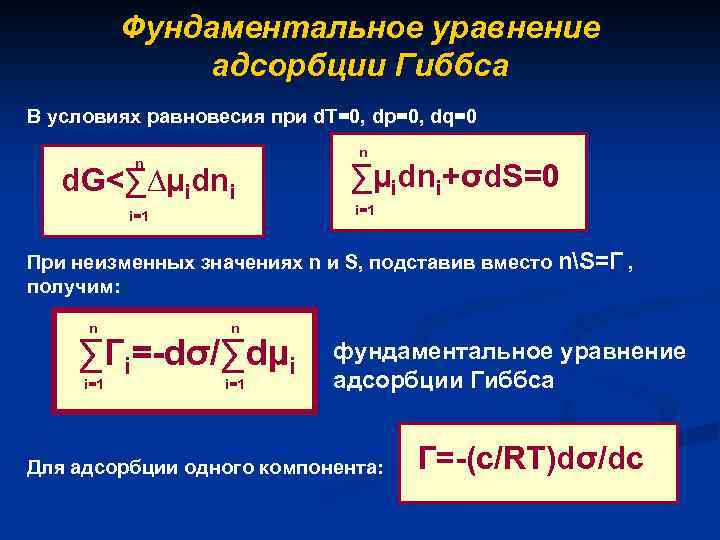 Фундаментальное уравнение адсорбции Гиббса В условиях равновесия при d. T=0, dp=0, dq=0 n n