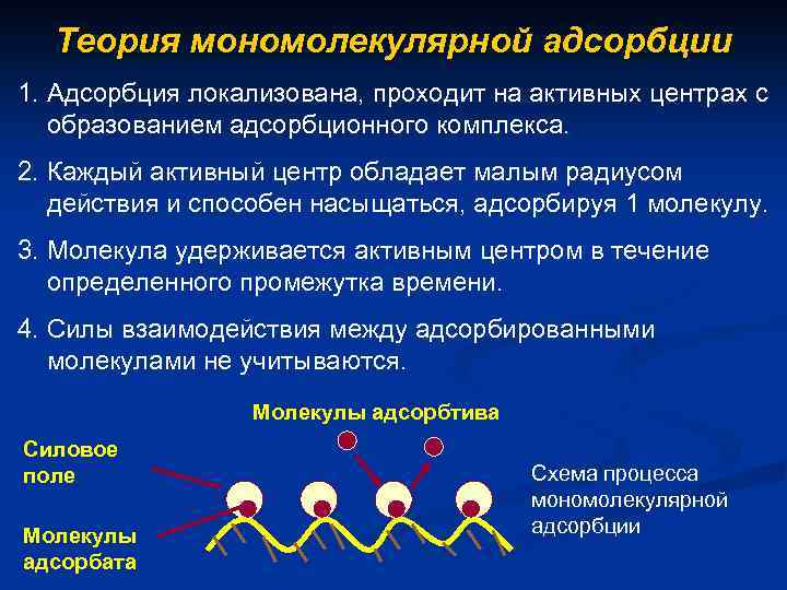 Теория мономолекулярной адсорбции 1. Адсорбция локализована, проходит на активных центрах с образованием адсорбционного комплекса.
