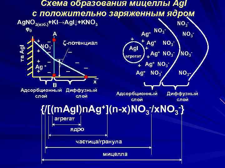 Схема образования мицеллы Ag. I с положительно заряженным ядром Ag. NO 3(изб. )+KI→Ag. I↓+KNO