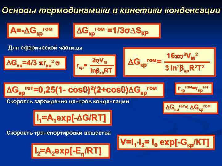 Основы термодинамики и кинетики конденсации А=- Gкргом =1/3σ∆SКР Для сферической частицы Gкр=4/3 rкр2 Gкргет=0,