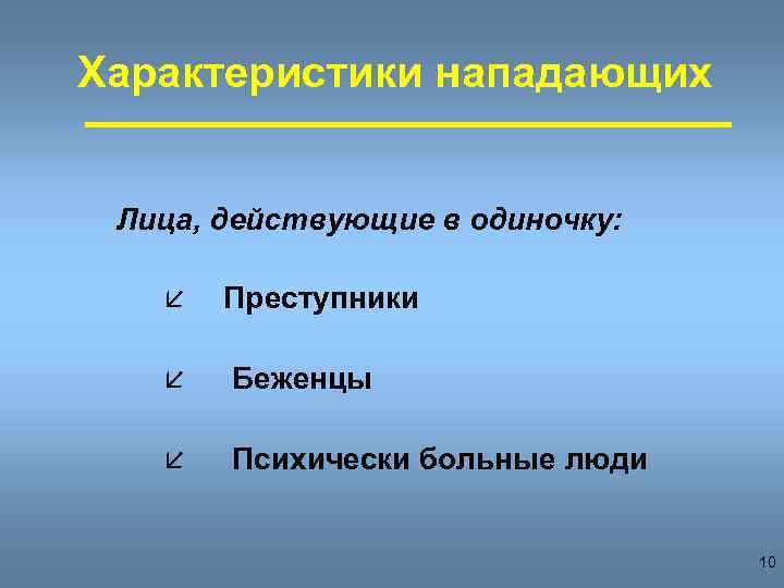 Характеристики нападающих Лица, действующие в одиночку: å Преступники å Беженцы å Психически больные люди