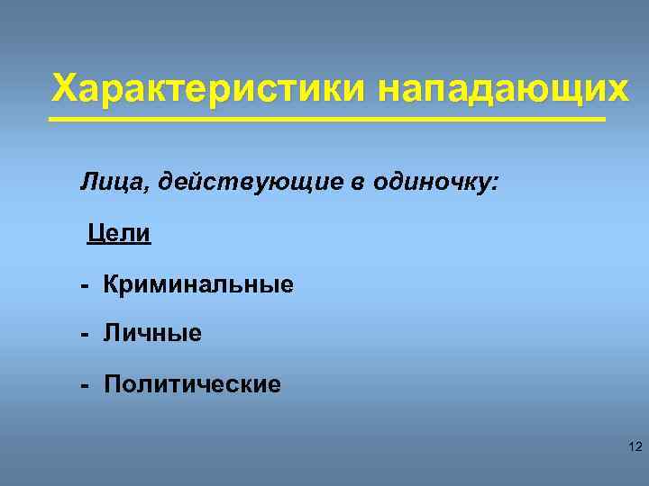 Характеристики нападающих Лица, действующие в одиночку: Цели - Криминальные - Личные - Политические 12