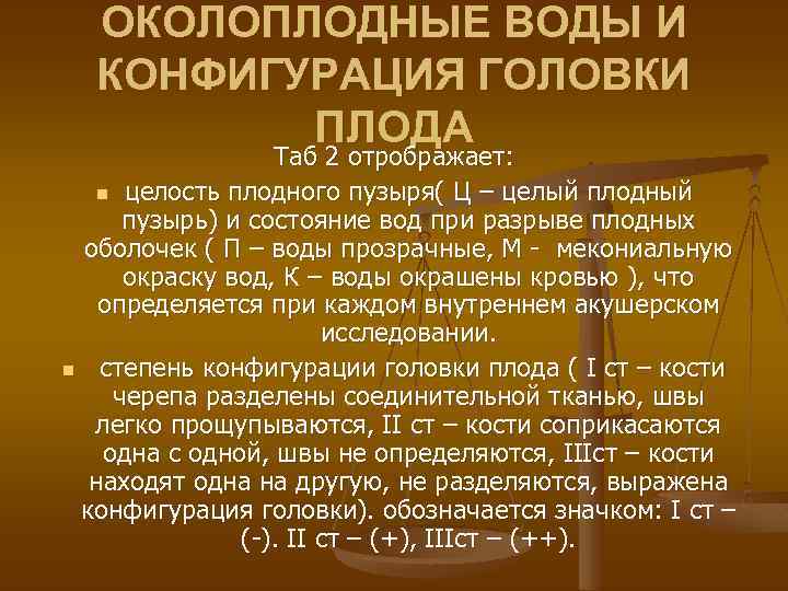 ОКОЛОПЛОДНЫЕ ВОДЫ И КОНФИГУРАЦИЯ ГОЛОВКИ ПЛОДА Таб 2 отрображает: n целость плодного пузыря( Ц