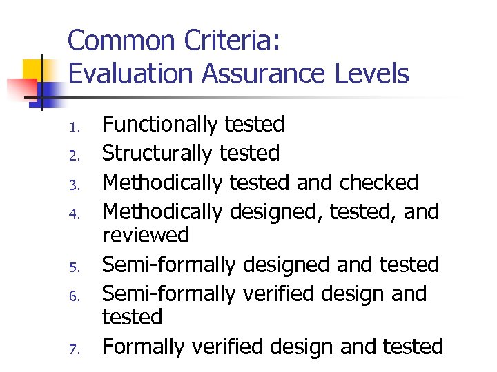 Common Criteria: Evaluation Assurance Levels 1. 2. 3. 4. 5. 6. 7. Functionally tested