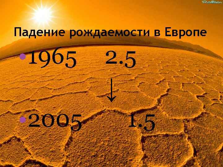 Падение рождаемости в Европе • 1965 2. 5 ↓ • 2005 1. 5 