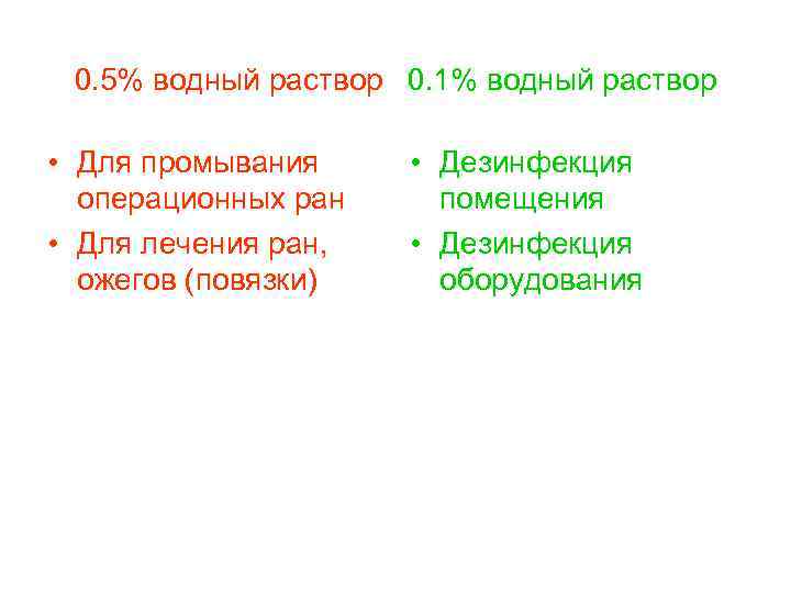 0. 5% водный раствор 0. 1% водный раствор • Для промывания операционных ран •