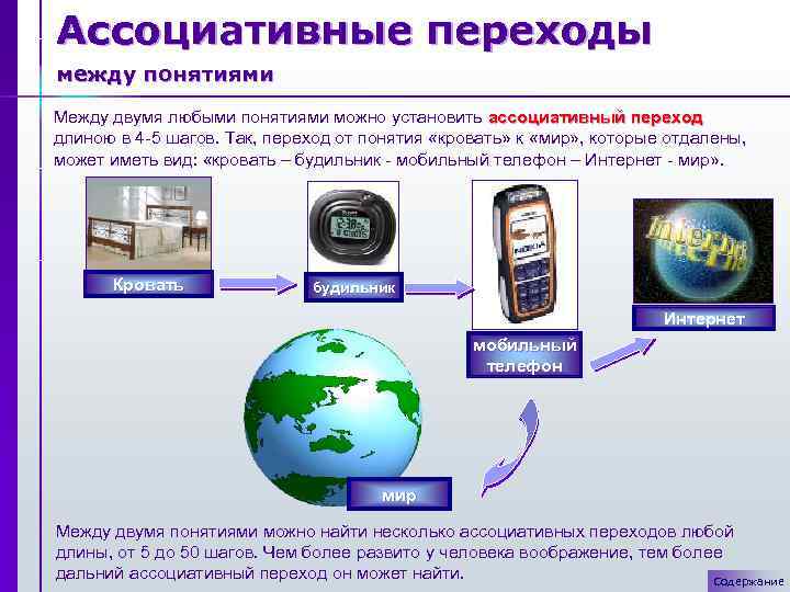 Ассоциативные переходы между понятиями Между двумя любыми понятиями можно установить ассоциативный переход длиною в