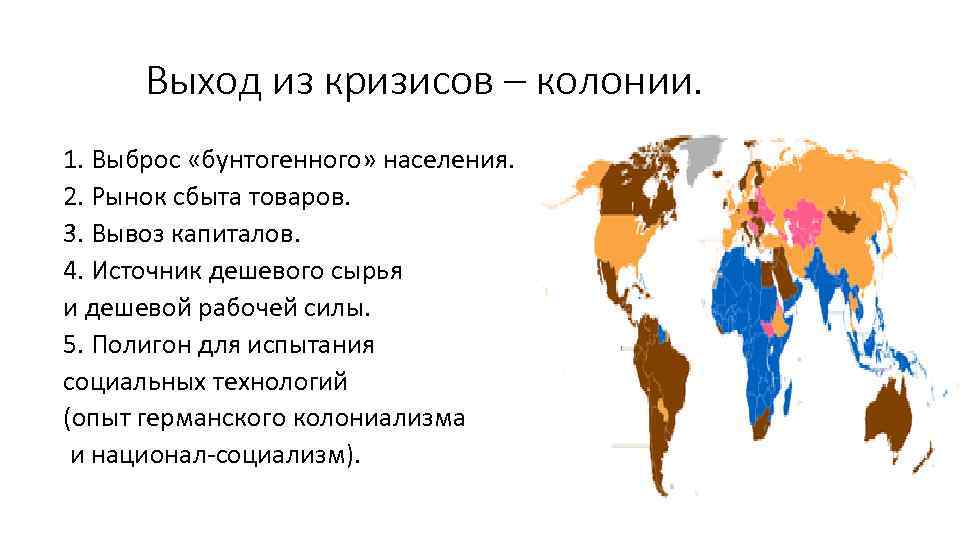 Выход из кризисов – колонии. 1. Выброс «бунтогенного» населения. 2. Рынок сбыта товаров. 3.