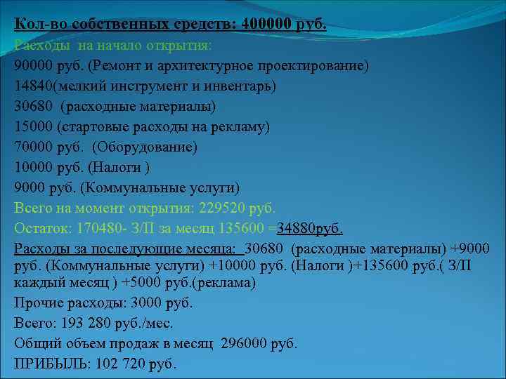 Кол-во собственных средств: 400000 руб. Расходы на начало открытия: 90000 руб. (Ремонт и архитектурное