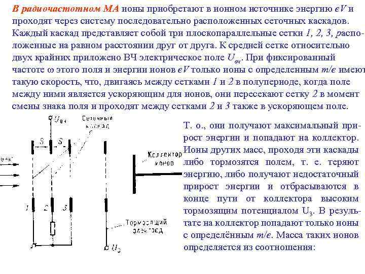 В радиочастотном МА ионы приобретают в ионном источнике энергию е. V и проходят через