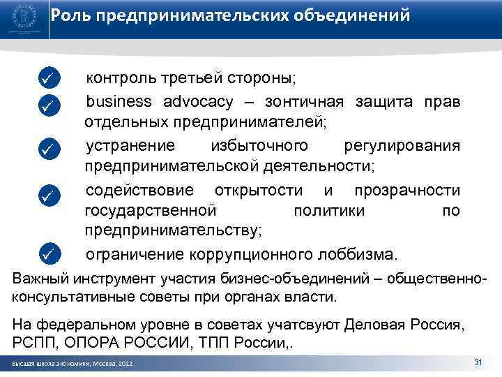 Роль предпринимательских объединений ü ü ü контроль третьей стороны; business advocacy – зонтичная защита