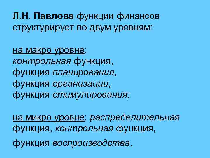 Л. Н. Павлова функции финансов структурирует по двум уровням: на макро уровне: контрольная функция,