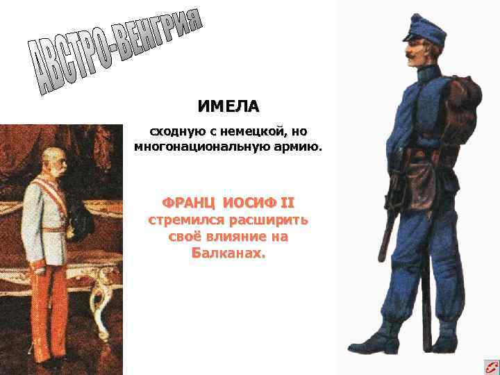 ИМЕЛА сходную с немецкой, но многонациональную армию. ФРАНЦ ИОСИФ II стремился расширить своё влияние