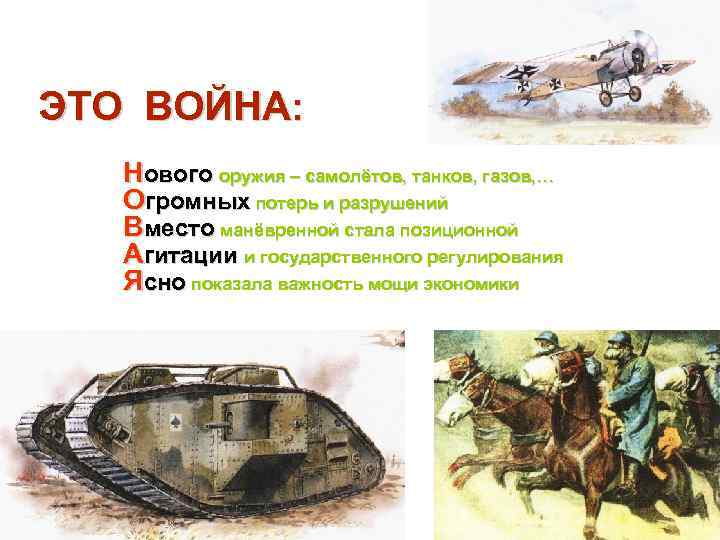 ЭТО ВОЙНА: Нового оружия – самолётов, танков, газов, … Огромных потерь и разрушений Вместо