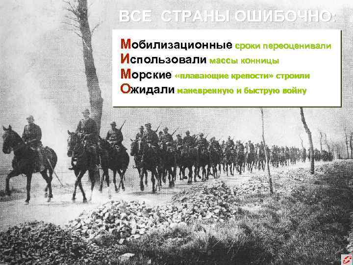 ВСЕ СТРАНЫ ОШИБОЧНО: Мобилизационные сроки переоценивали Использовали массы конницы Морские «плавающие крепости» строили Ожидали