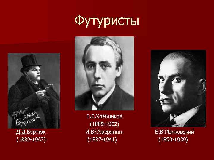 Футуристы Д. Д. Бурлюк (1882 -1967) В. В. Хлебников (1885 -1922) И. В. Северянин