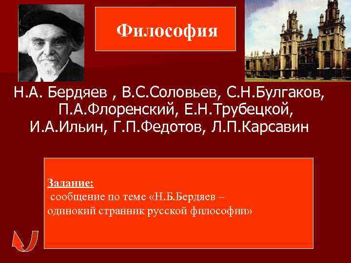 Философия Н. А. Бердяев , В. С. Соловьев, С. Н. Булгаков, П. А. Флоренский,