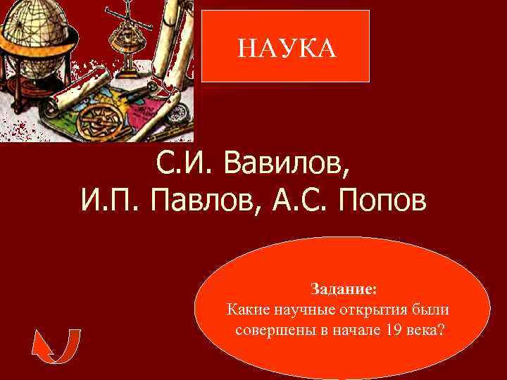 НАУКА С. И. Вавилов, И. П. Павлов, А. С. Попов Задание: Какие научные открытия