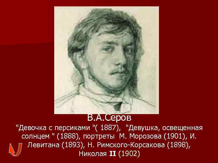 В. А. Серов "Девочка с персиками "( 1887), "Девушка, освещенная солнцем " (1888), портреты
