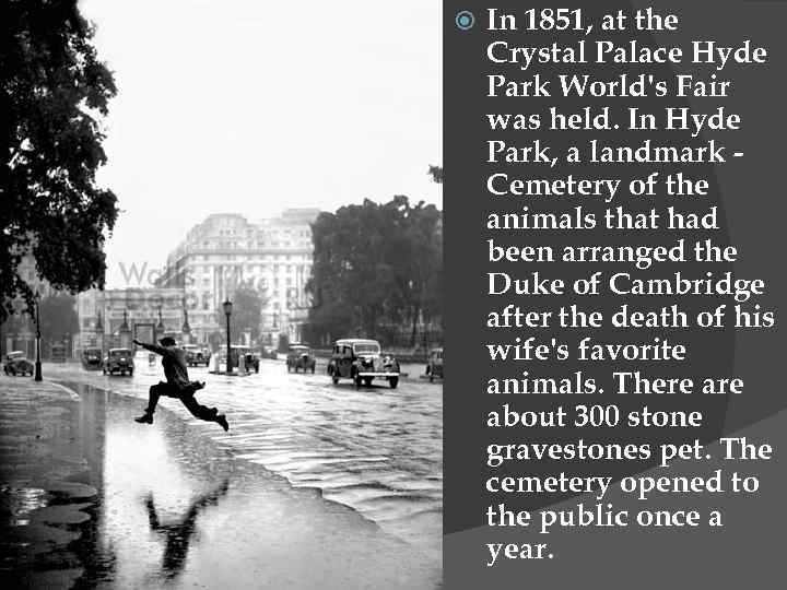  In 1851, at the Crystal Palace Hyde Park World's Fair was held. In
