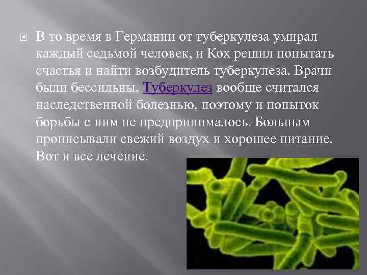  В то время в Германии от туберкулеза умирал каждый седьмой человек, и Кох