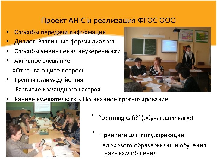 Проект AHIC и реализация ФГОС ООО Способы передачи информации Диалог. Различные формы диалога Способы