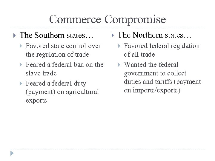 Commerce Compromise The Southern states… Favored state control over the regulation of trade Feared