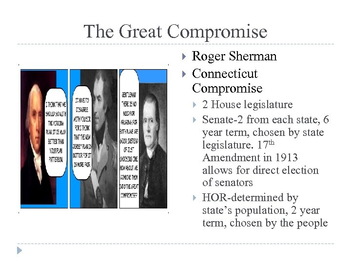 The Great Compromise Roger Sherman Connecticut Compromise 2 House legislature Senate-2 from each state,