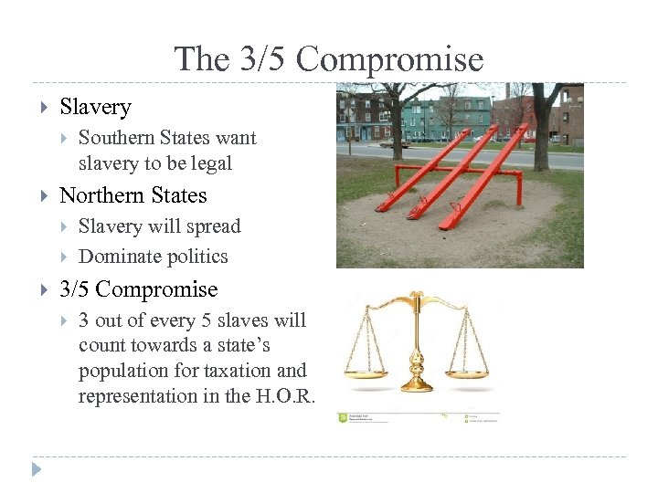 The 3/5 Compromise Slavery Northern States Southern States want slavery to be legal Slavery