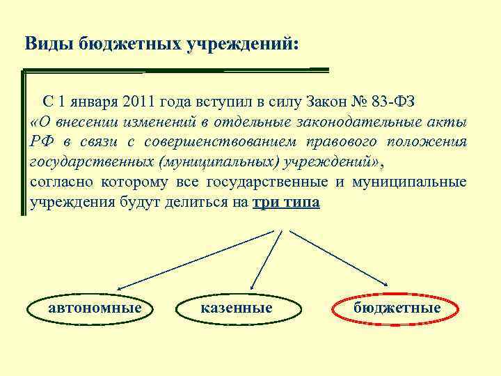 Виды бюджетных учреждений: С 1 января 2011 года вступил в силу Закон № 83