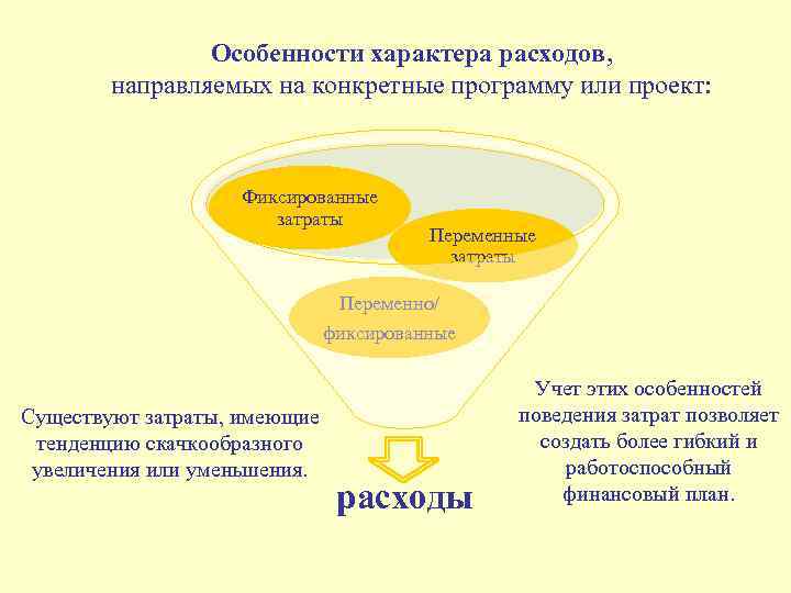 Особенности характера расходов, направляемых на конкретные программу или проект: Фиксированные затраты Переменно/ фиксированные Существуют