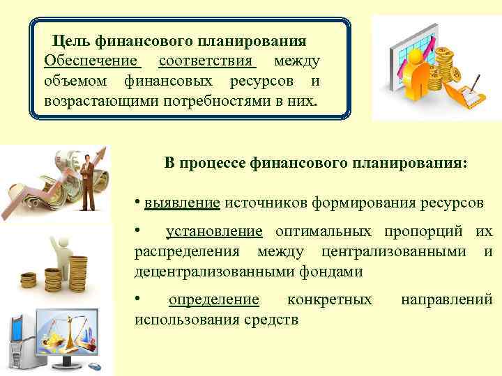 Цель финансового планирования Обеспечение соответствия между объемом финансовых ресурсов и возрастающими потребностями в них.