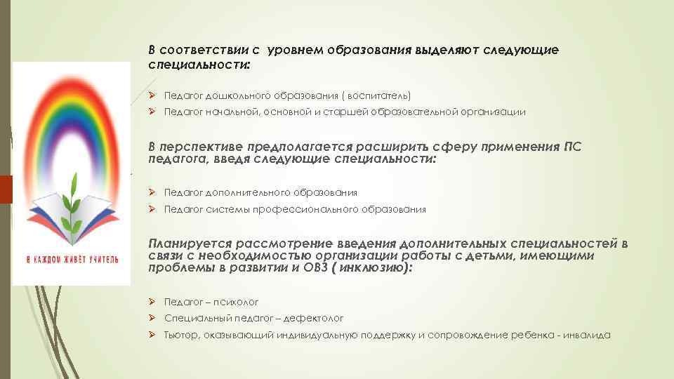 В соответствии с уровнем образования выделяют следующие специальности: Ø Педагог дошкольного образования ( воспитатель)