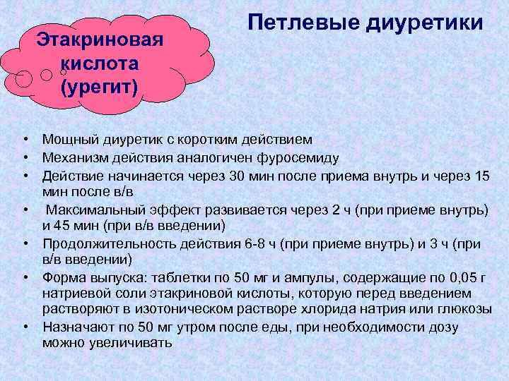 Этакриновая кислота (урегит) Петлевые диуретики • Мощный диуретик с коротким действием • Механизм действия